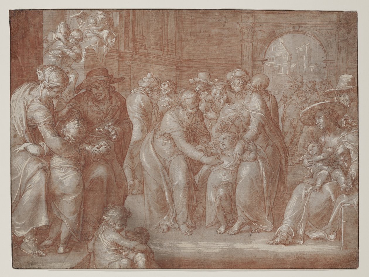 Låt de små barnen komma till mig, ca 1621 (röd krita över svart krita, förhöjd med vitt på papper) av Joachim Wtewael or Utewael