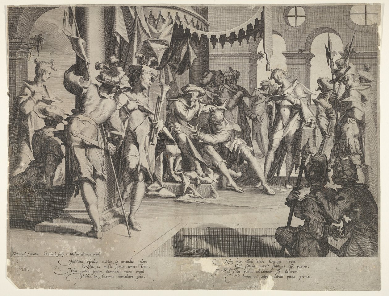 The Judge Bias Shedding Tears, skylt IX från Thronus Justitiæ, 1605 av Joachim Anthonisz Wtewael