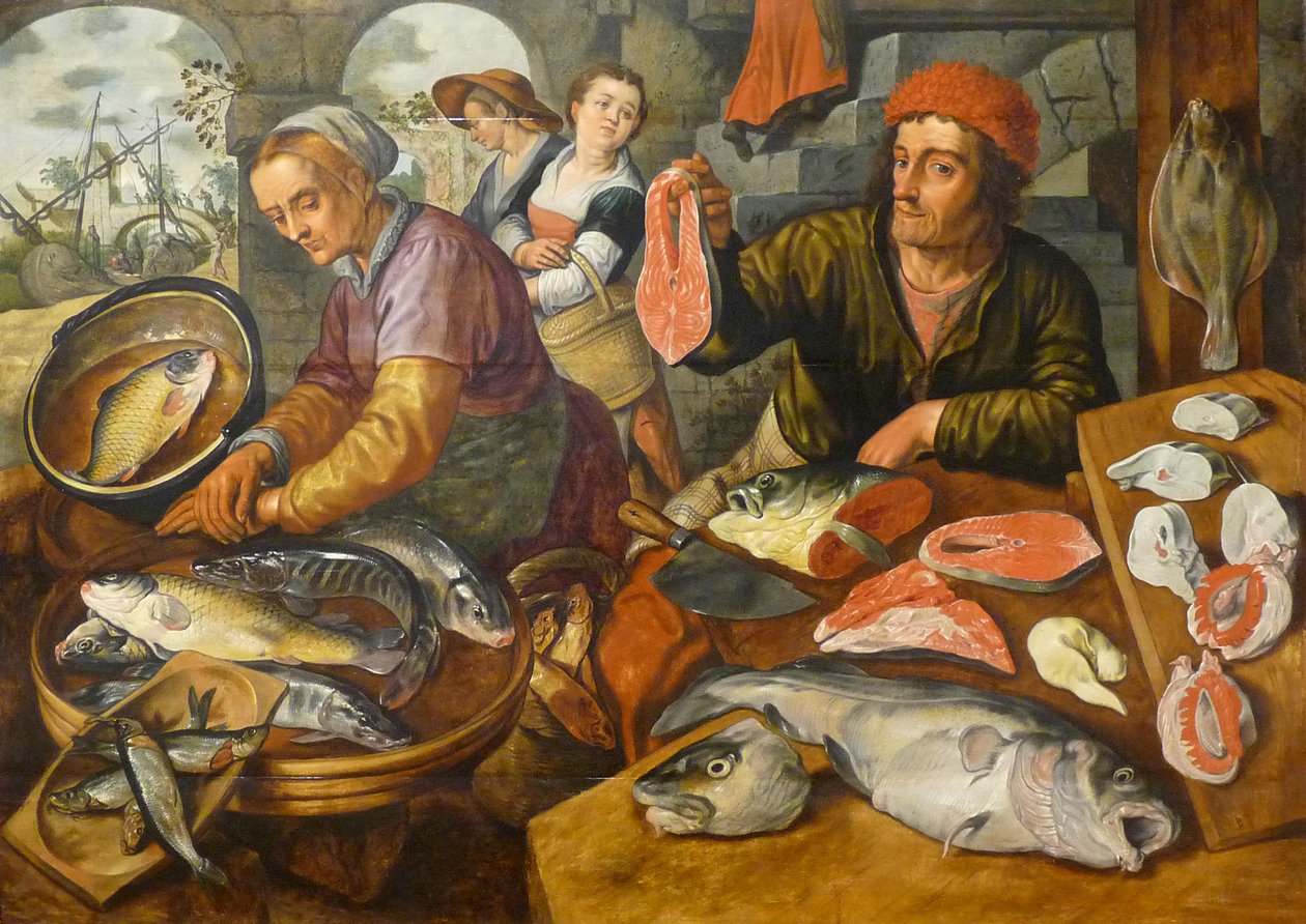 Franska: Le Marché aux poissons Fiskmarknad av Joachim Beuckelaer
