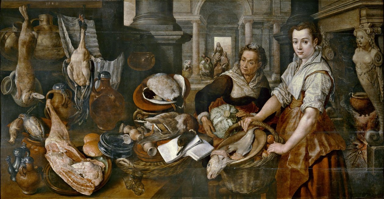 Spanska:  Cristo en casa de Marta y María Kristus hemma hos Marta och Maria av Joachim Beuckelaer