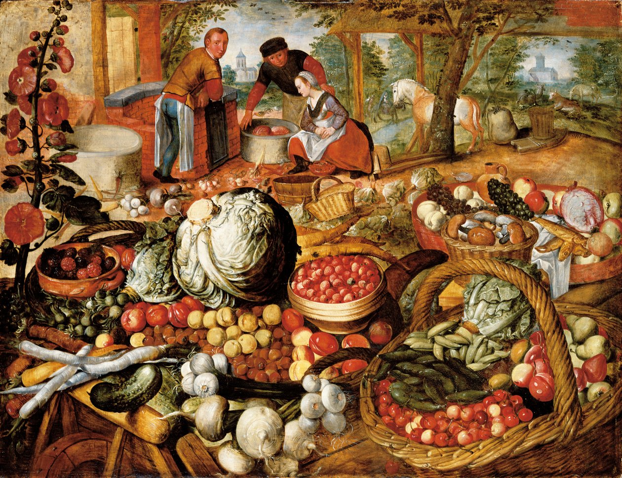 En grönsaksbod med Flight Into Egypt bortom av Joachim Beuckelaer