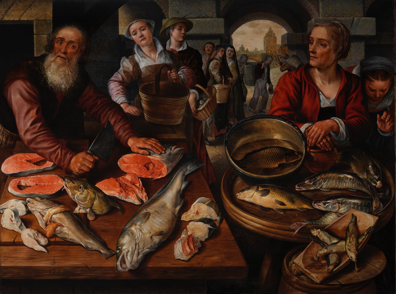 Fiskmarknad, 1568 (olja på baltisk ek) av Joachim Beuckelaer