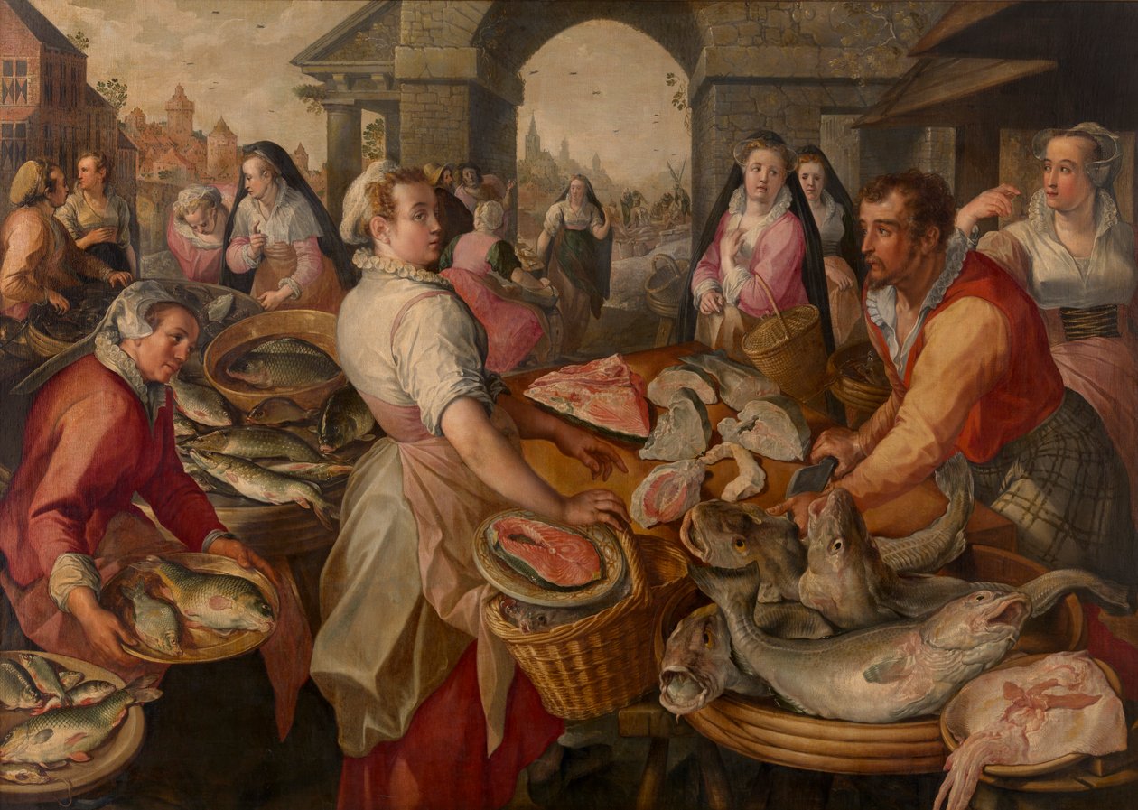 Fishmarket (olja på panel) av Joachim Beuckelaer