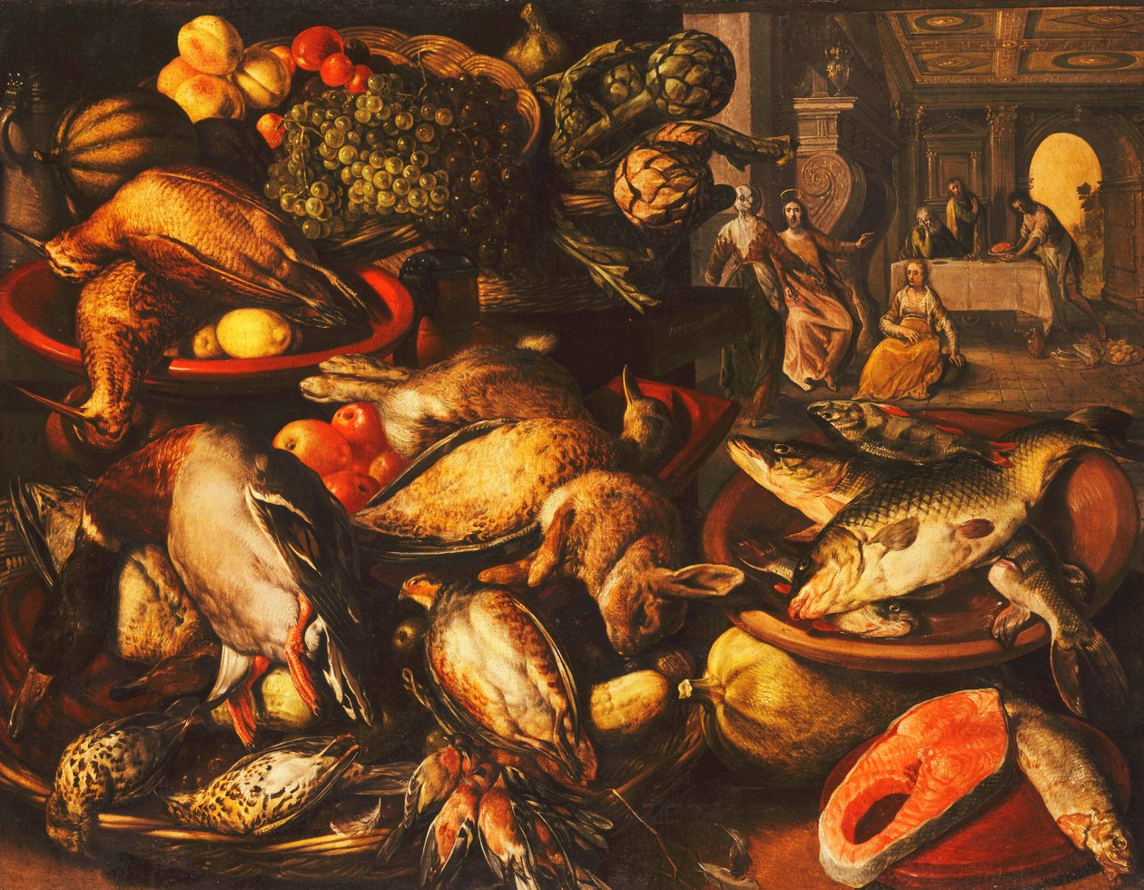 Vilt, fisk, frukt och grönsaker i korgar och skålar i ett skafferi, 1569 av Joachim Beuckelaer