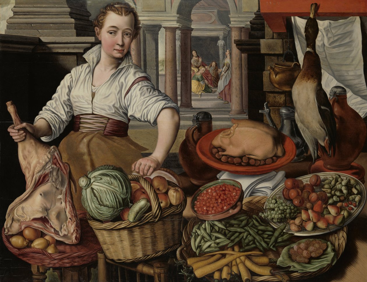 Köksscen, med Jesus i Marthas och Marias hus i bakgrunden, 1569 av Joachim Beuckelaer