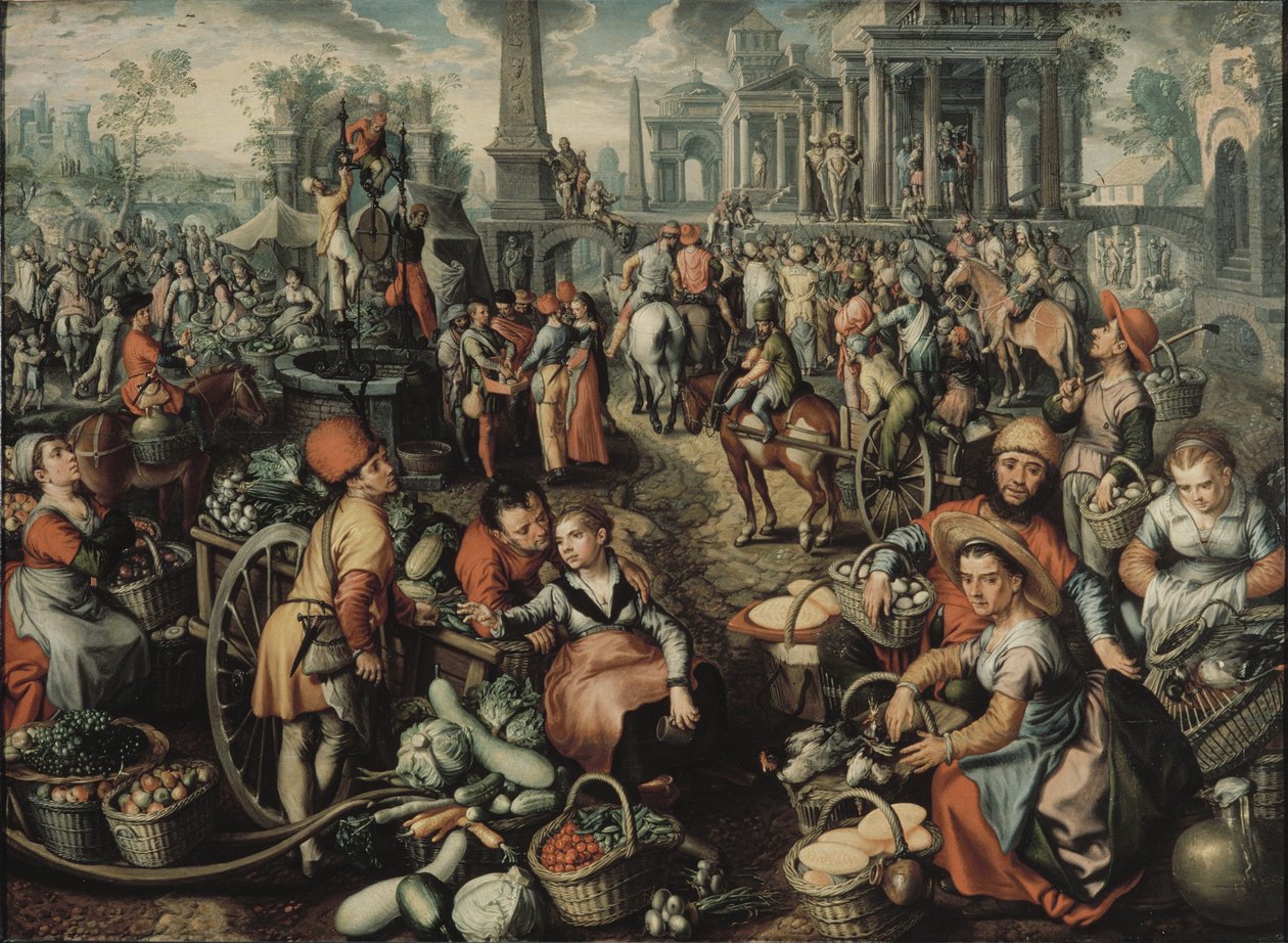 Marknadsscen: Ecce Homo, Flagellationen och bärandet av korset, 1561 av Joachim Beuckelaer