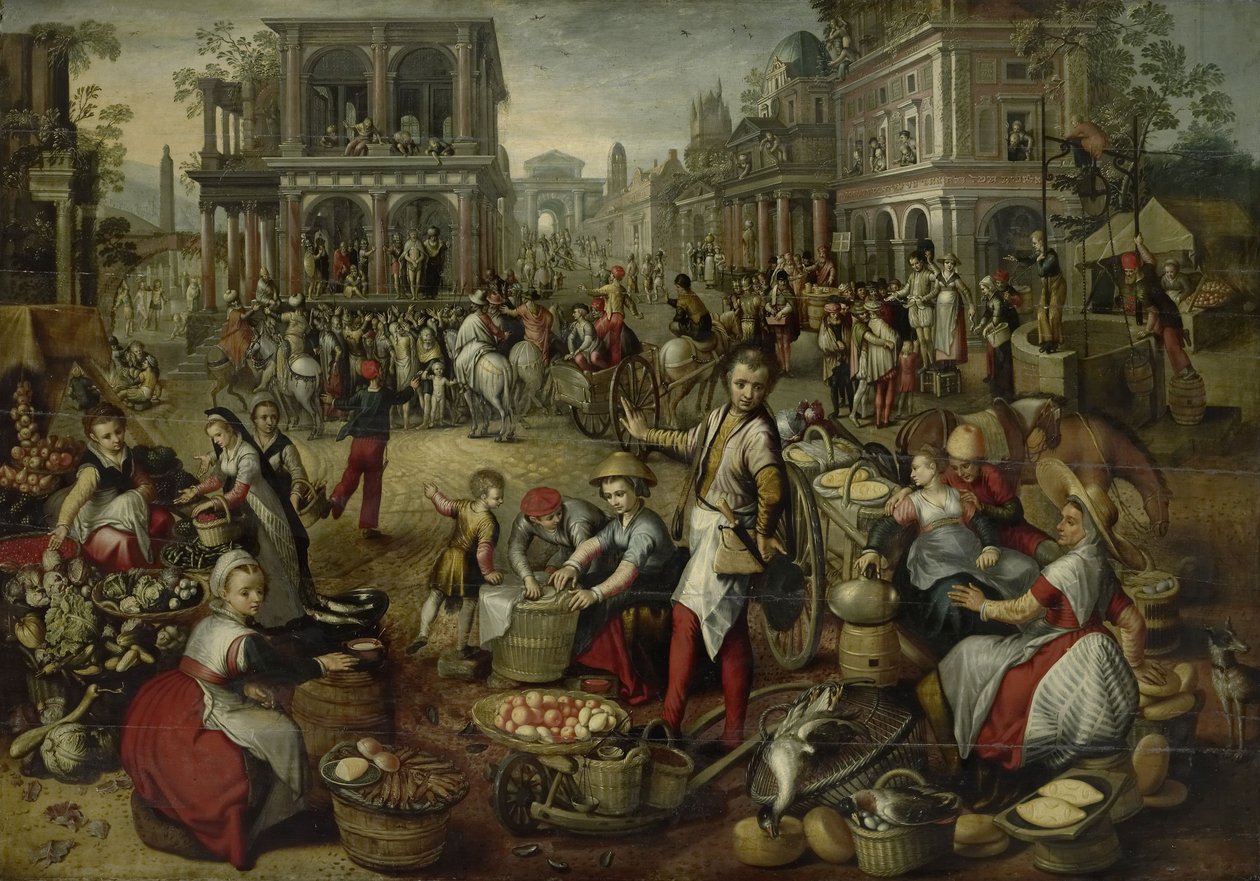 Marknadsplats, med Flagellationen, Ecce Homo och Korsets bärande i bakgrunden, 1550-90 av Joachim Beuckelaer