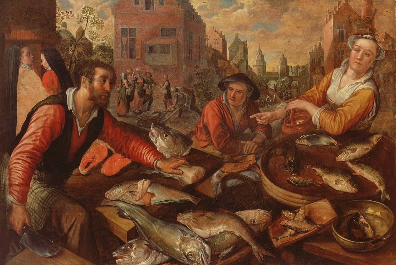 The Fish Market (olja på duk) av Joachim Beuckelaer or Bueckelaer