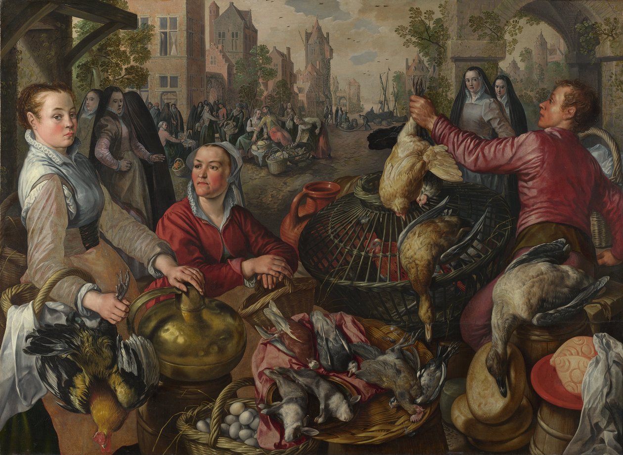 De fyra elementen: ett fjäderfästall i en stad med den förlorade sonen bortom - en allegori av luft, 1569 av Joachim Beuckelaer