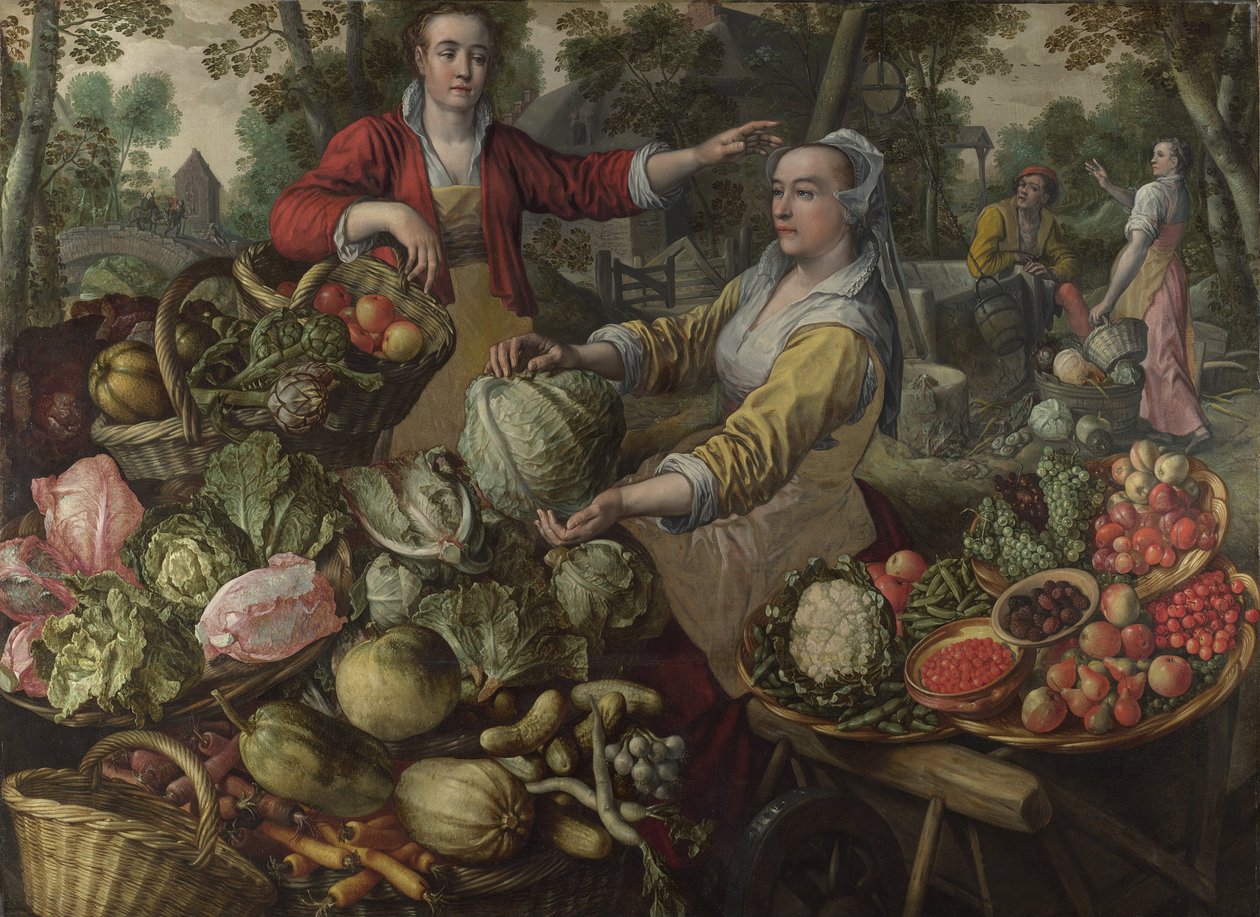De fyra elementen: Jorden. En frukt- och grönsaksmarknad med flyget till Egypten i bakgrunden - av Beuckelaer (Beuckelaer), Joachim (1533-1574) - 1569 National Gallery, London av Joachim Beuckelaer