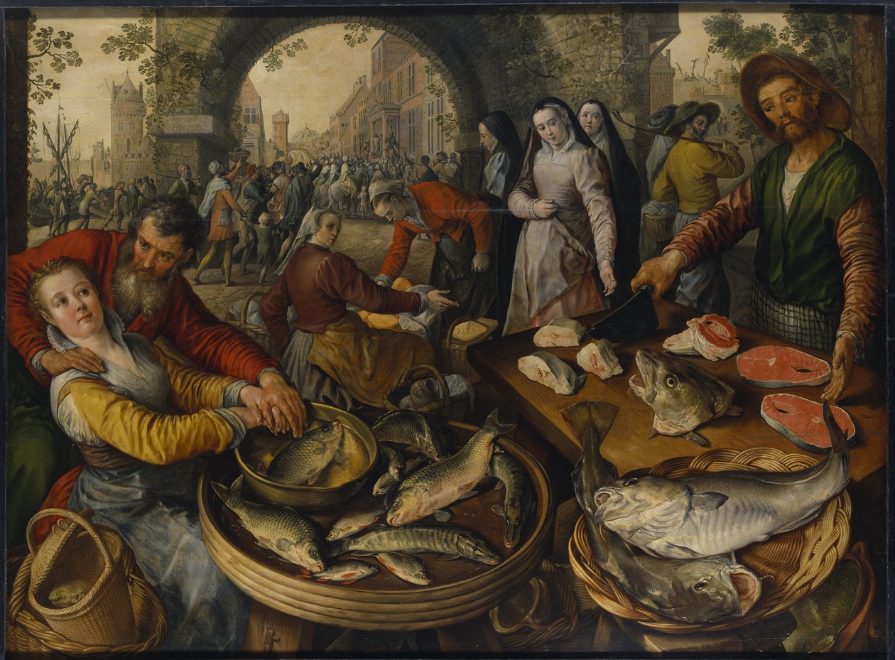 En fiskmarknad med scen från Ecce Homo - En fiskmarknad med Ecce Homo, av Beuckelaer, Joachim (ca 1533-1574). olja på trä av Joachim Beuckelaer