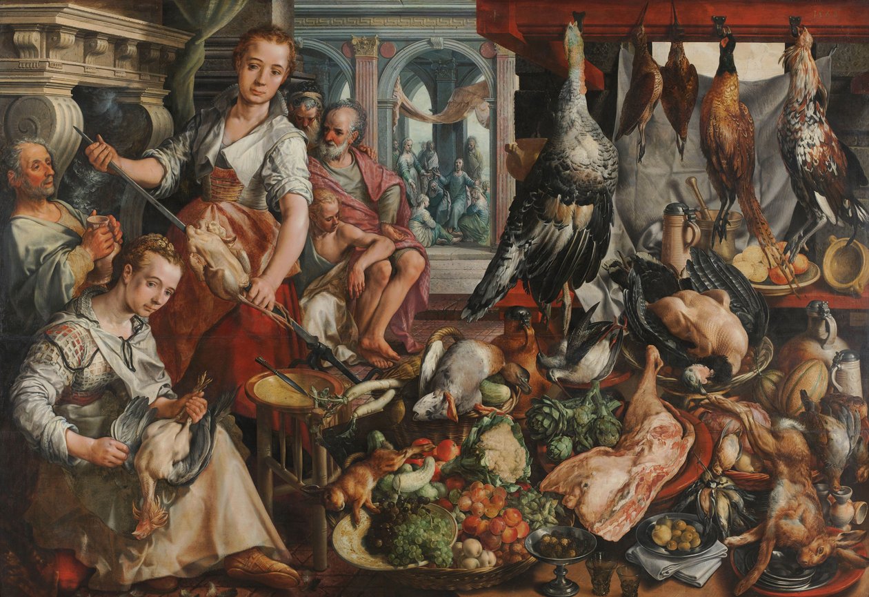 Det välfyllda köket, med Jesus i Marthas och Marias hus i bakgrunden av Joachim Bueckelaer
