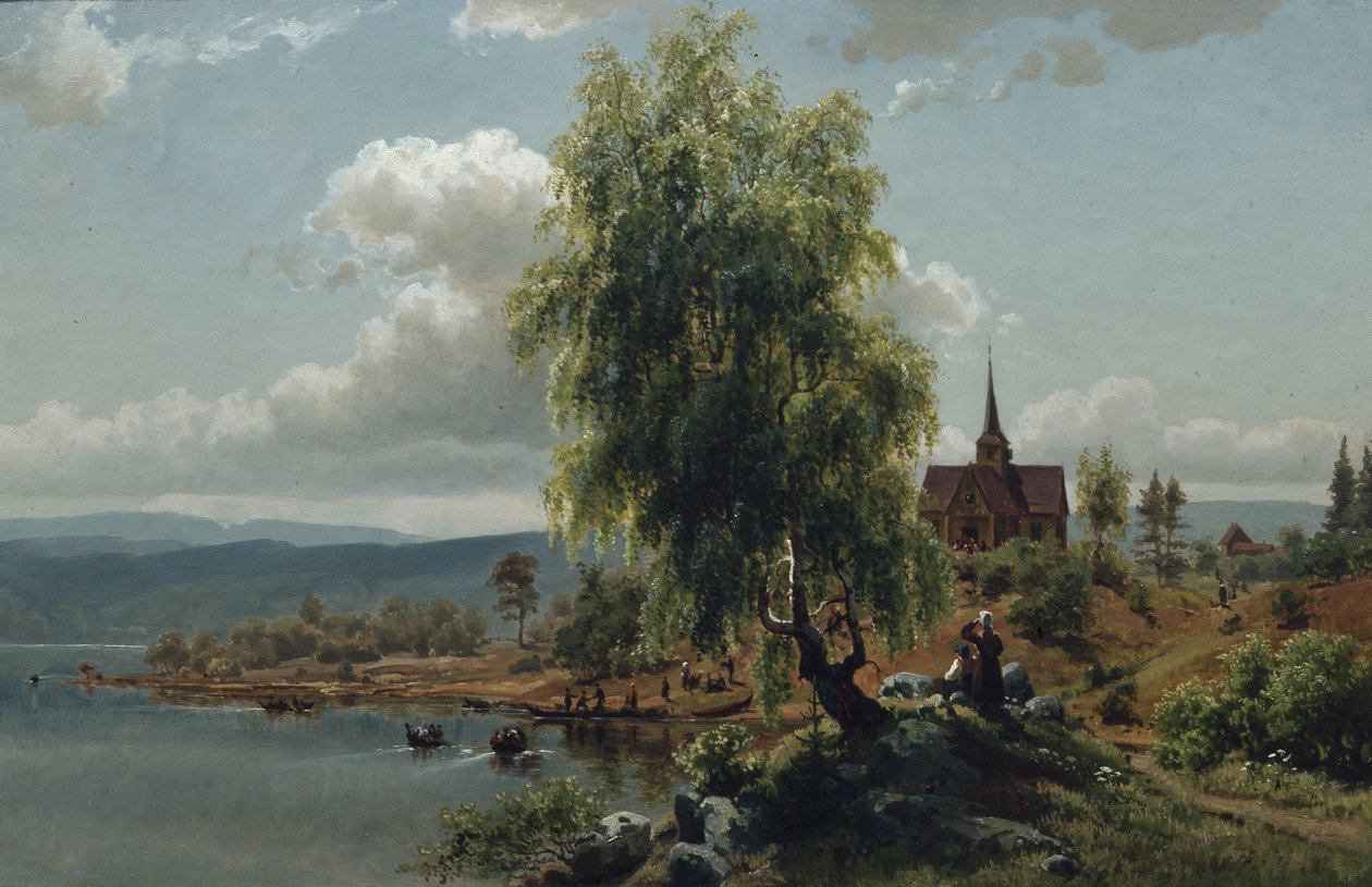 Kyrka på fjorden (olja på duk) av Joachim Frich
