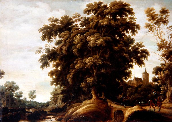Ett flodlandskap med figurer och en by bortom (olja på panel) av Joachim Govertsz Camphuysen
