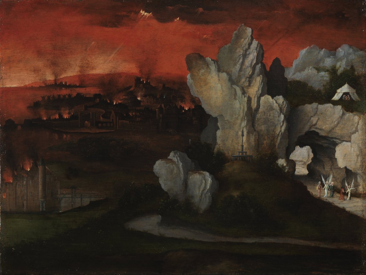 Landskap med förintelsen av Sodom och Gomorra, ca 1520 (olja på pannå) av Joachim Patinir