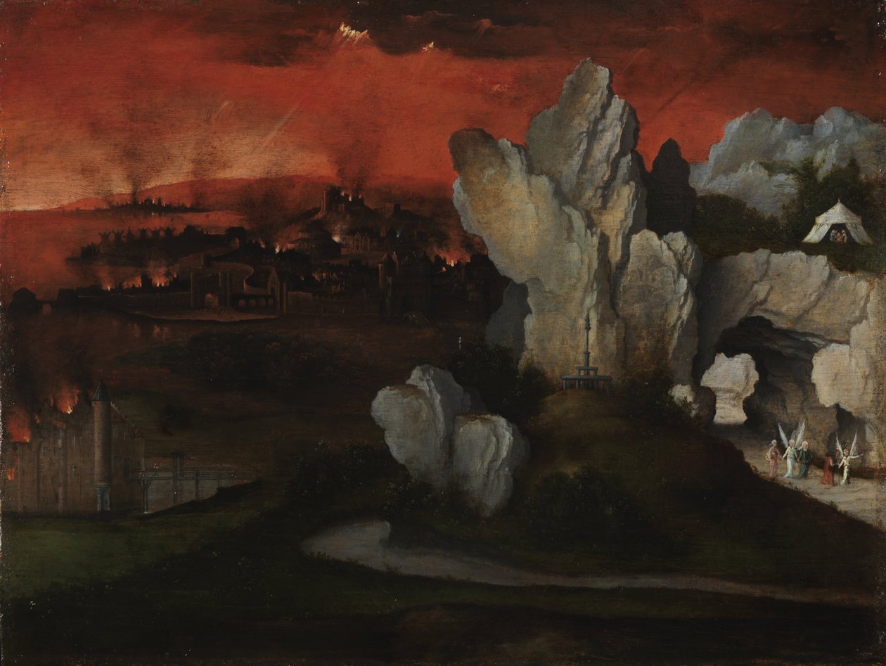 Landskap med förstörelsen av Sodom och Gomorra, ca. 1520 av Joachim Patinir