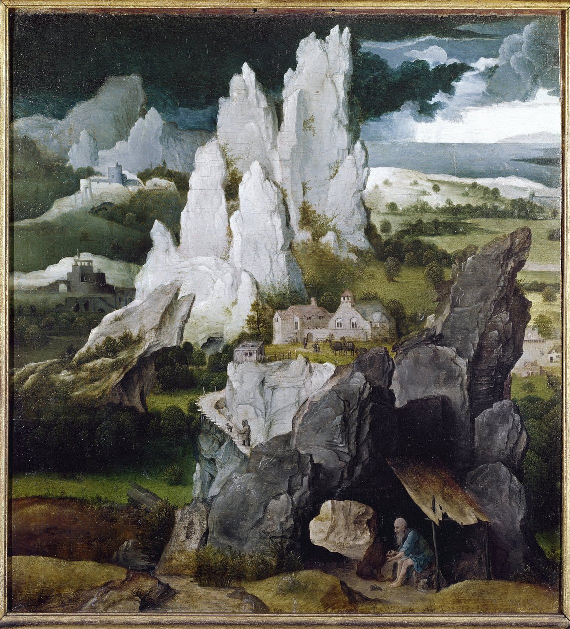 St Hieronymus i ett stenigt landskap (olja på trä av Joachim Patinir
