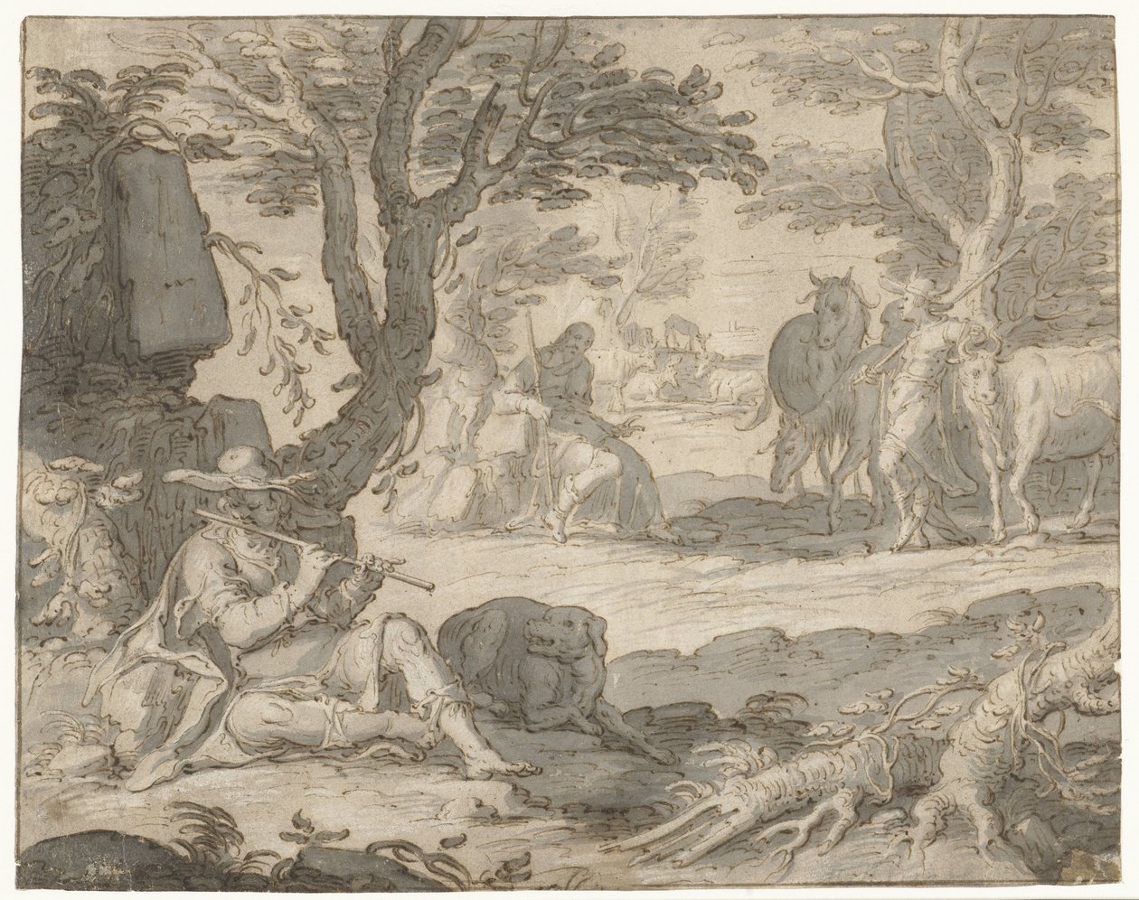 Apollo spelar flöjt och sköter Admetus flock av Joachim Wtewael or Utewael