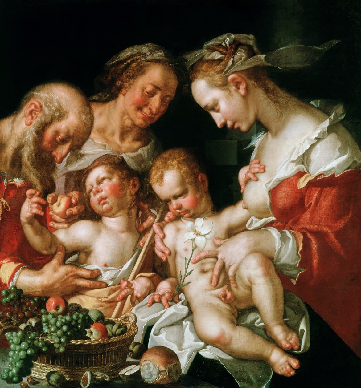 Den heliga familjen med Johannes Döparen, ca. 1600. av Joachim Wtewael or Utewael