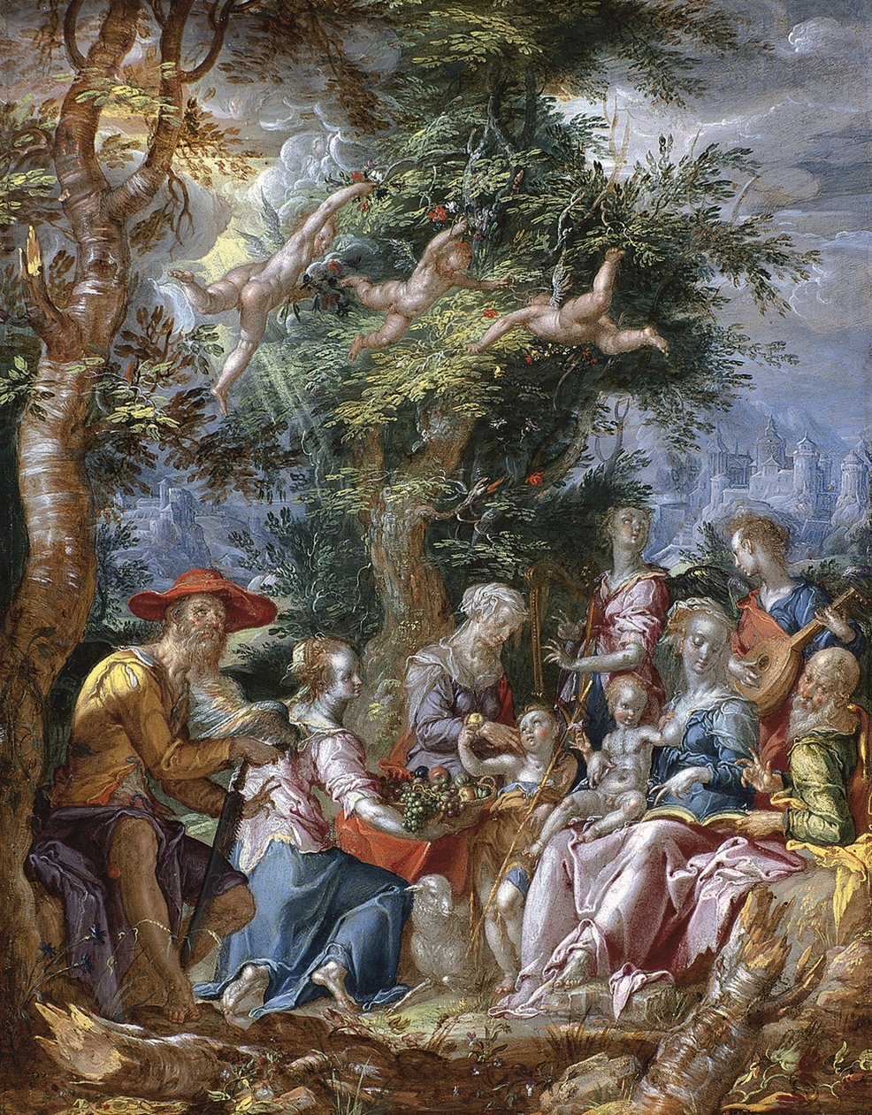 Den heliga familjen med heliga och änglar av Joachim Wtewael or Utewael