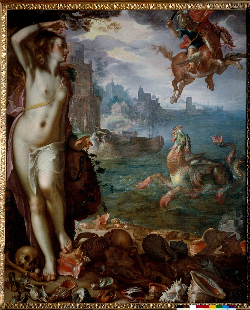 Perseus räddar Andromeda fastkedjad på en sten. Hjältarna klättrar på Pegase, slåss mot ett marint monster. Målning av Joachim Wtewael (1566-1638) (Ec. Hol.) 1611 Sön. 1,8x1,5 m av Joachim Wtewael or Utewael