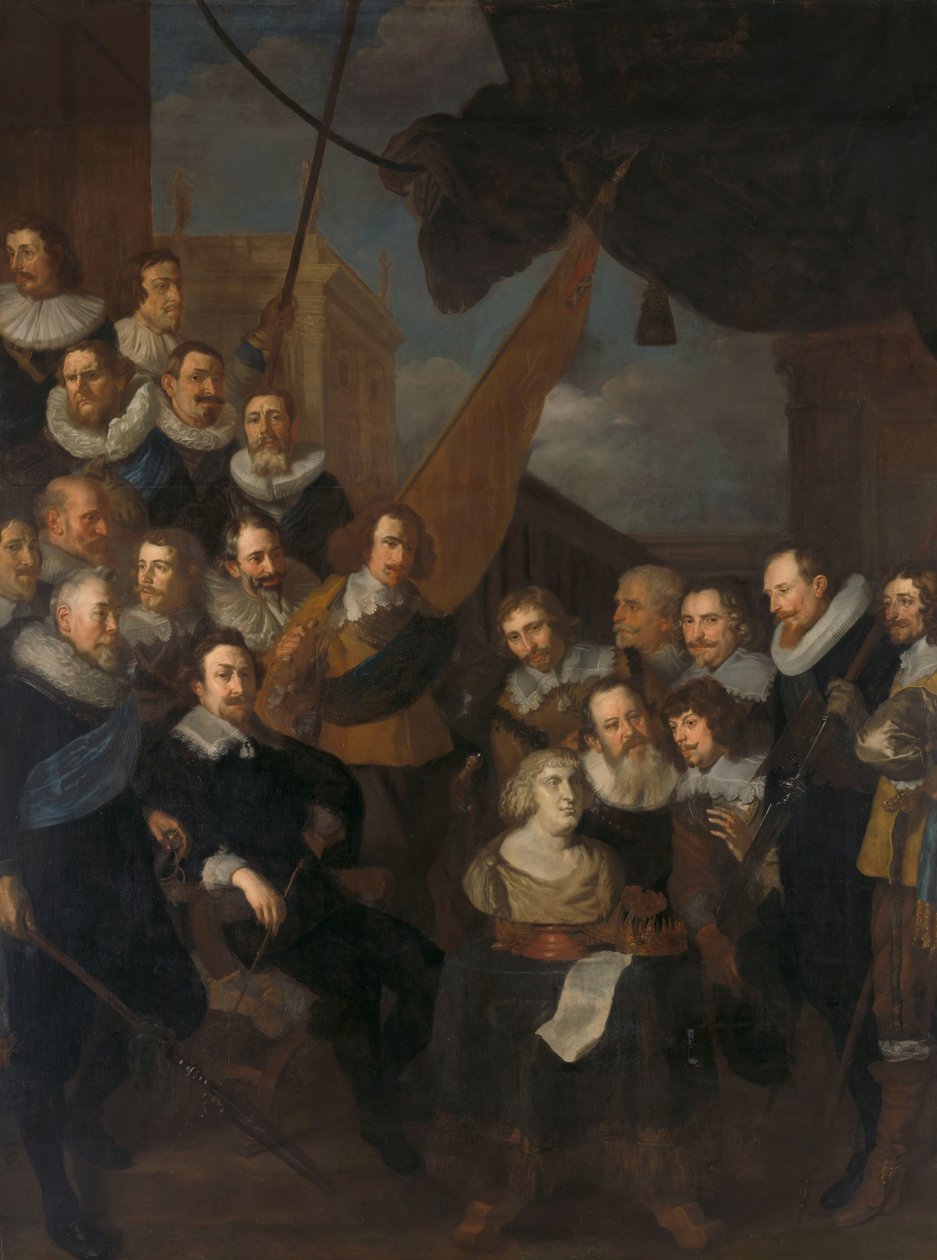 Officerare och andra medborgargardister från XIX-distriktet i Amsterdam, under befäl av kapten Cornelis Bicker och löjtnant Frederick van Banchem, väntar på att välkomna Marie de Médicis, 1 september 1638 av Joachim von Sandrart (I)
