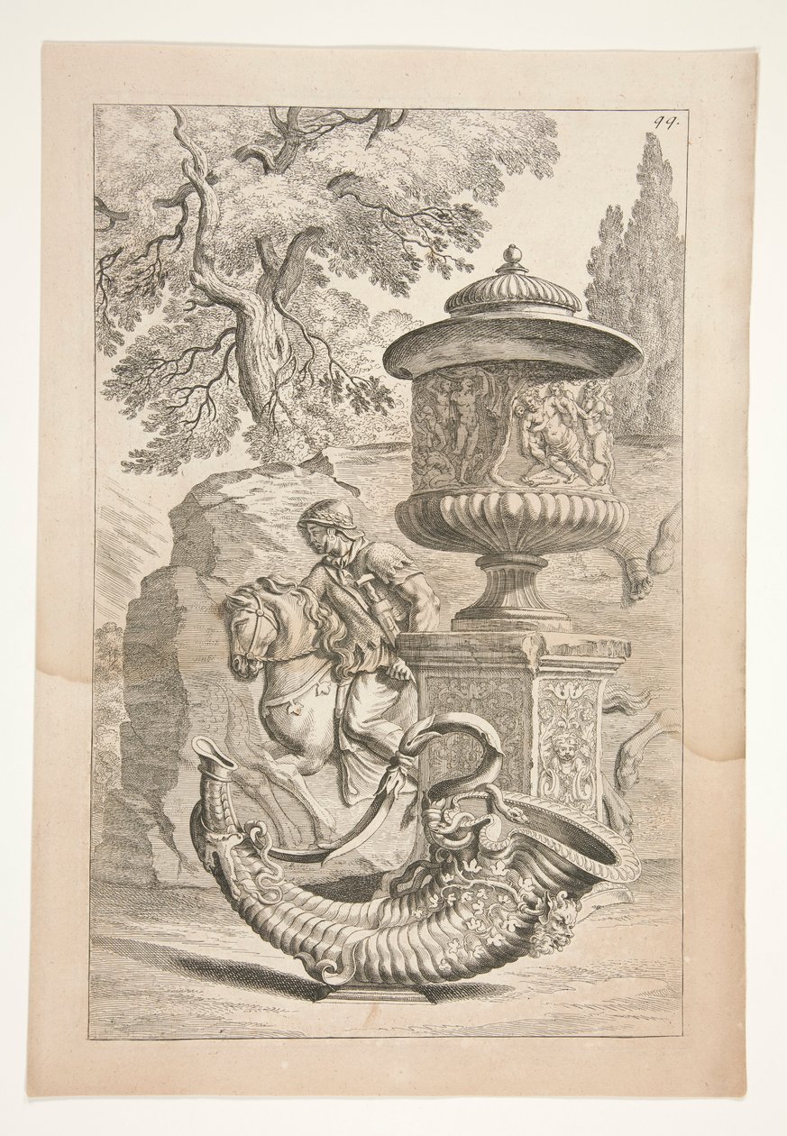 En relief av krigare, en täckt vas dekorerad med en bacchic relief och ett ymnighetshorn i ett landskap av Joachim von Sandrart
