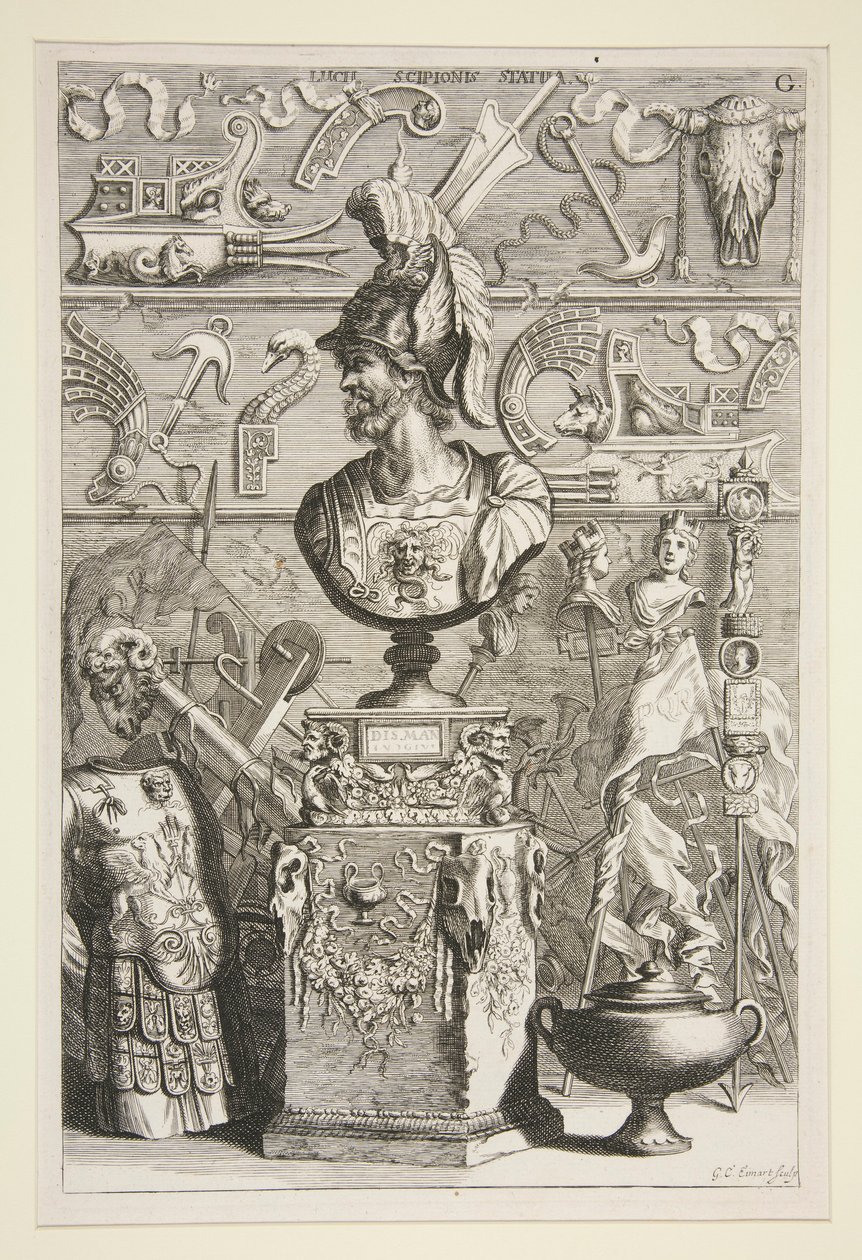 En staty av Lucius Sciopione, rustningar och andra antika banderoller och fragment av Joachim von Sandrart