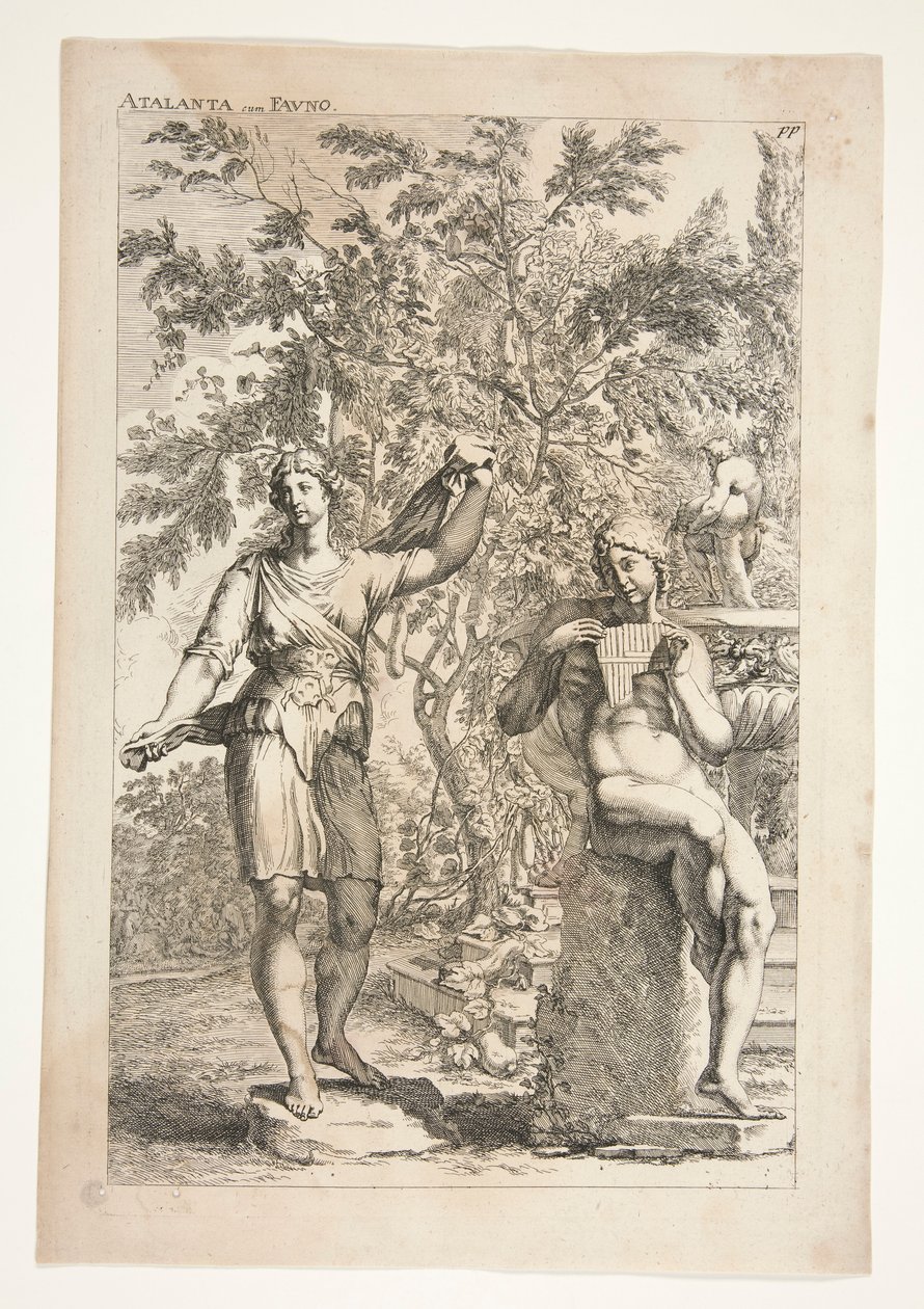 Atalanta och en faun, från Ancient Sculptures Admired av Joachim von Sandrart