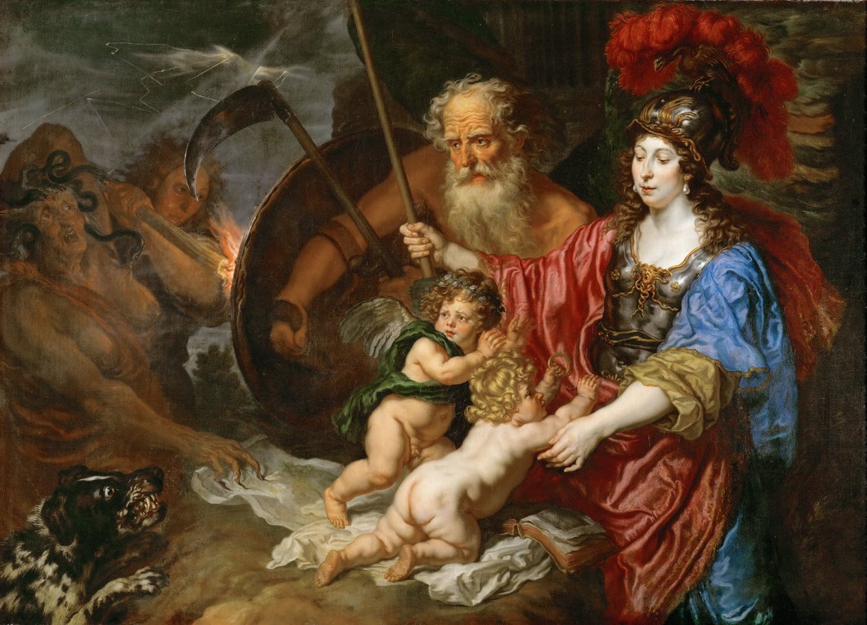 Barock: Minerva och Saturnus skyddar konst och vetenskap från avund och falskhet - Minerva och Saturnus skyddar konst och vetenskap från avundsjuka och falskhet av Sandrart, Joachim, von (1606-1688) av Joachim von Sandrart
