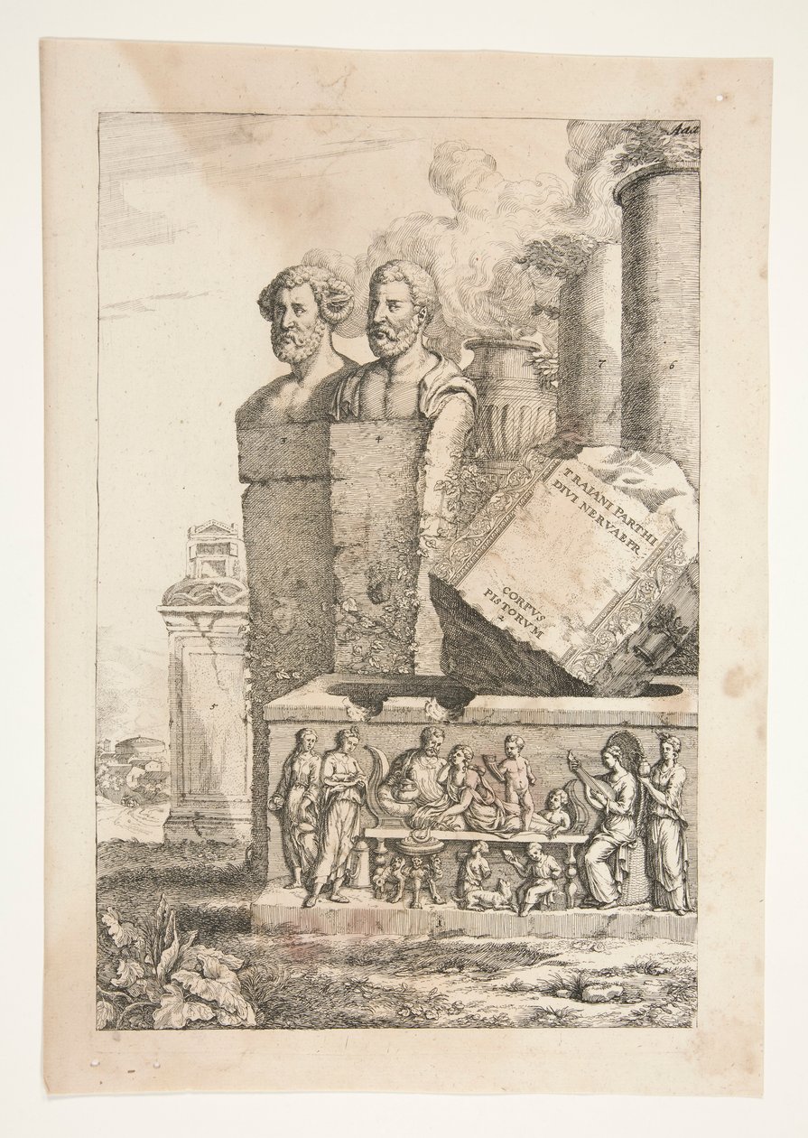 Porträttbyster, kolumner, rökurna och en relief av Joachim von Sandrart