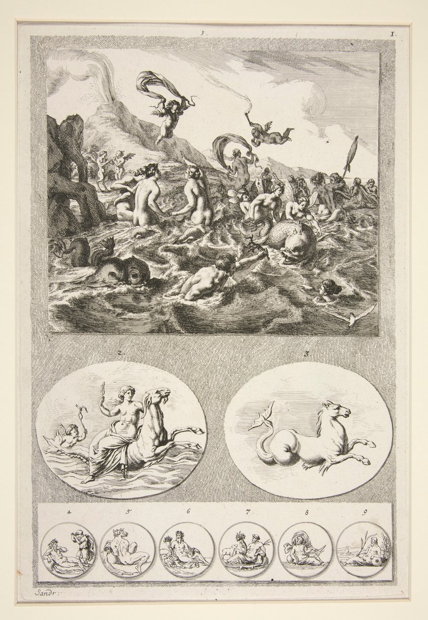 Övre halvan: Nereids Sporting Nedre halvan: Två reliefer och sex mynt av Joachim von Sandrart