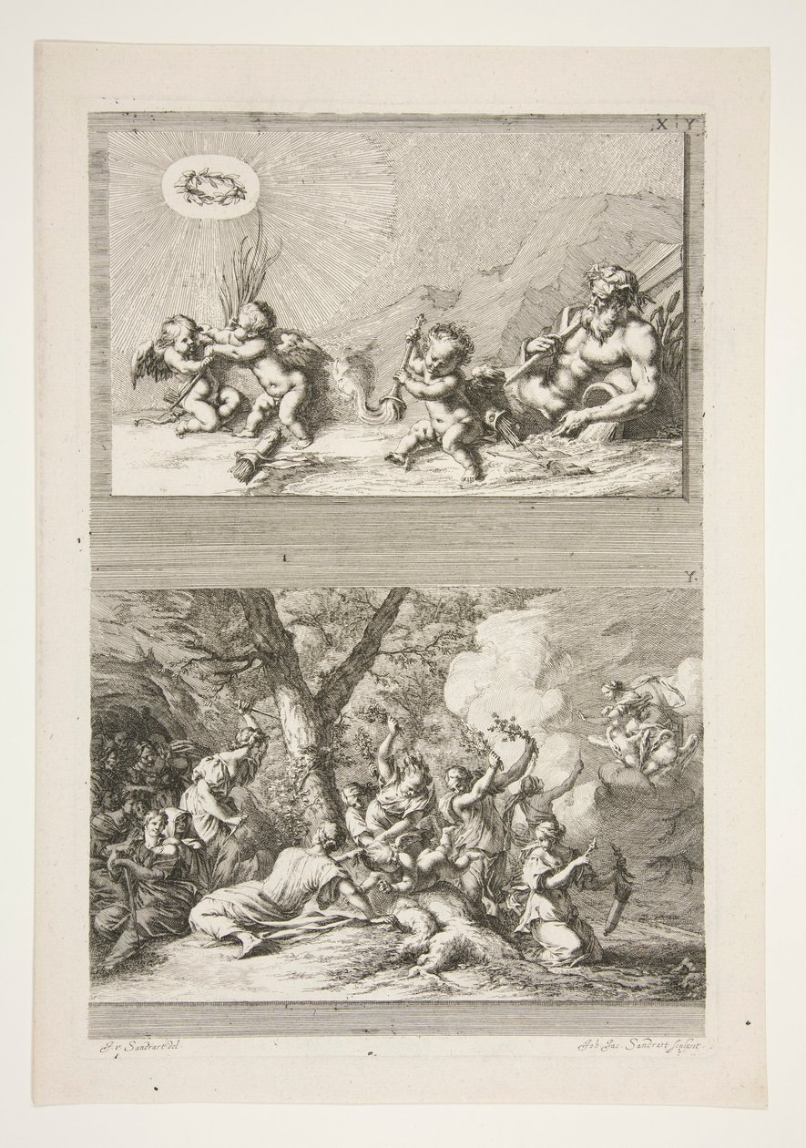 övre halvan: A River God och Putti leker med symbolerna för berömmelse nedre halvan: The Punishment of Cupid av Joachim von Sandrart