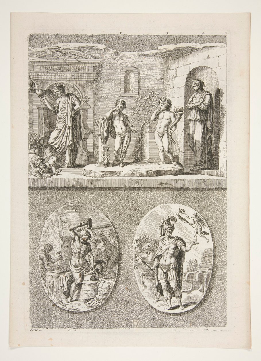 övre halvan: Fyra antika statyer nedre halvan: Forge of Vulcan och A Victorious Roman General av Joachim von Sandrart