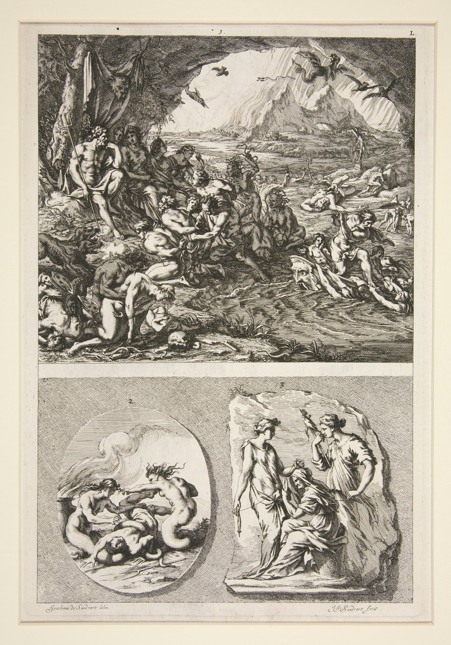 övre halvan: Quos Ego? nedre halvan: Två antika reliefer: De tre öden och ett okänt ämne av Joachim von Sandrart