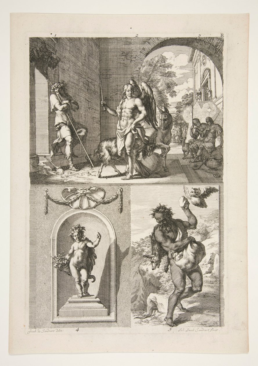 Topphalva: Okänd religiös subjektsbottenhalva: En staty av en putto i en nisch och en staty av en faun i ett landskap av Joachim von Sandrart