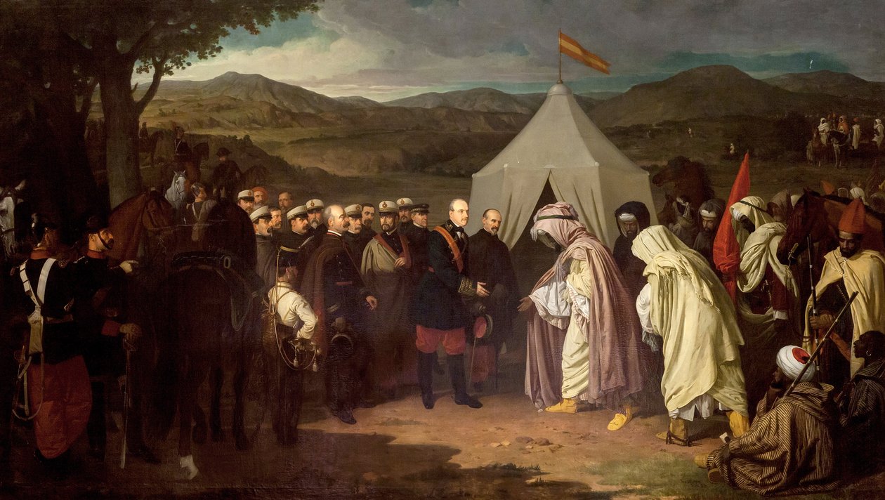 Afrikanska kriget - Första marockanska kriget eller Tetouankriget - mellan Spanien och Marocko - Wad-Ras-fördraget (Wad Ras-fördraget) 1859 - målning av Joaquin Dominguez Becquer - Ayuntamiento de Sevilla av Joachin Dominguez Becquer