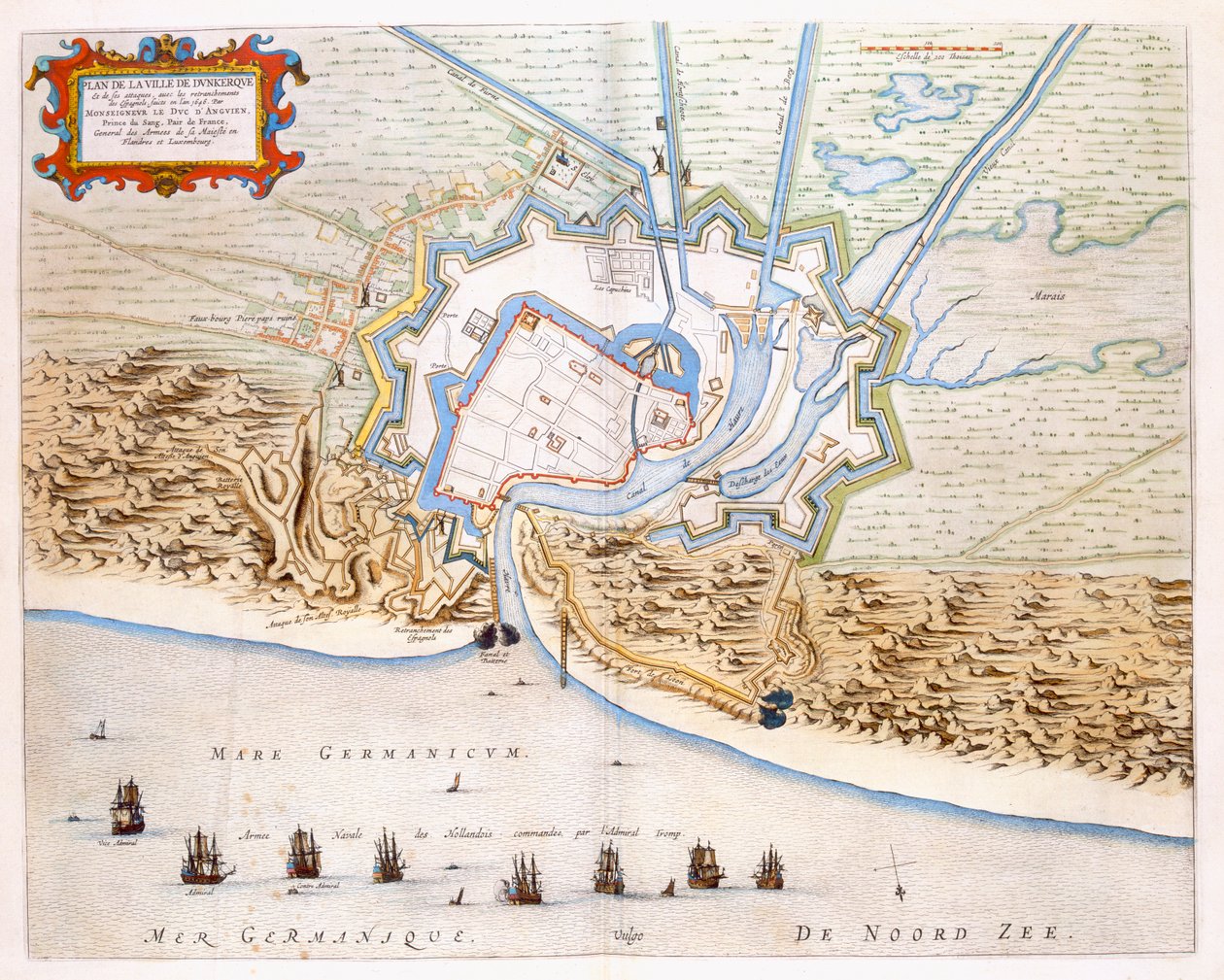 Staden Dunkerque under det spanska herraväldet: plan som visar kustförsvaret, slottet och bastionsbefästningarna, 1649 (handkolorerat gravyr) av Joan Blaeu