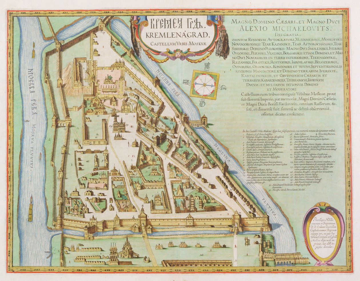 Karta som visar Kreml, Moskva, 1662 (handfärgad etsning) av Joan Blaeu