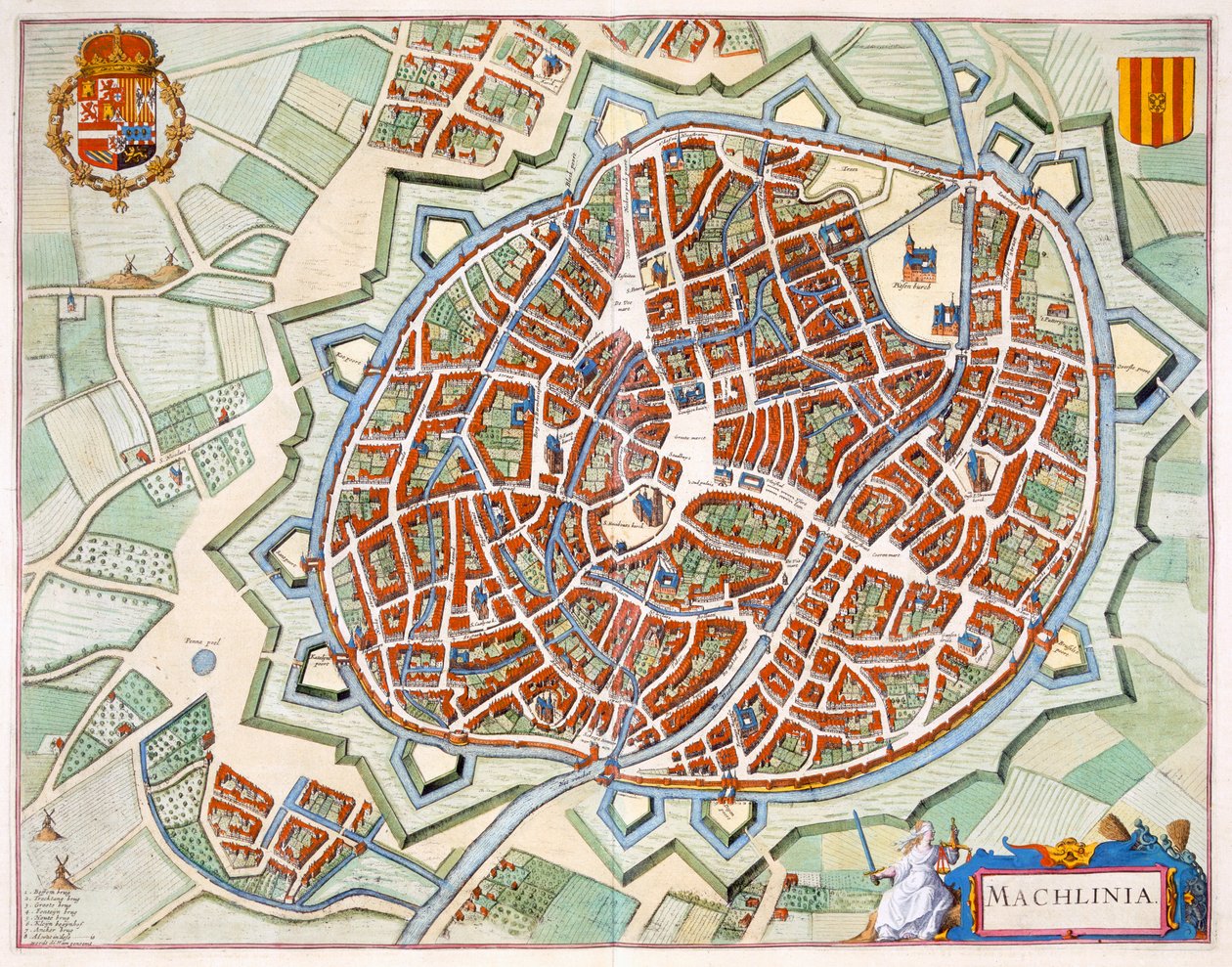 Mechelen, 1649 (handkolorerad gravyr) av Joan Blaeu