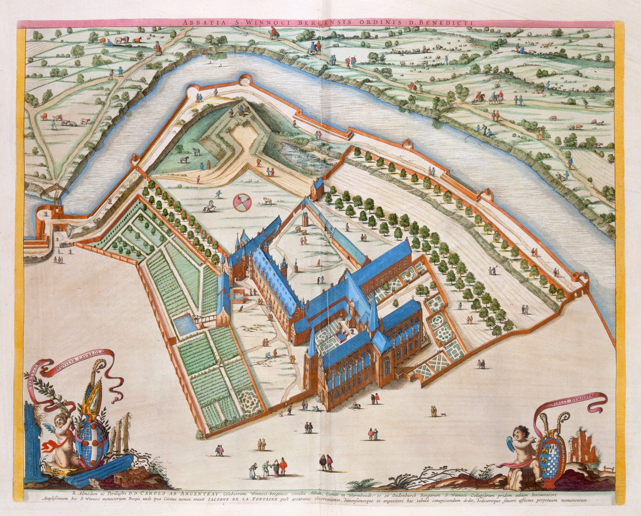 Benediktinerklostret St Winnock, Bergen, Nederländerna, 1649 (handkolorerat gravyr) av Joan Blaeu
