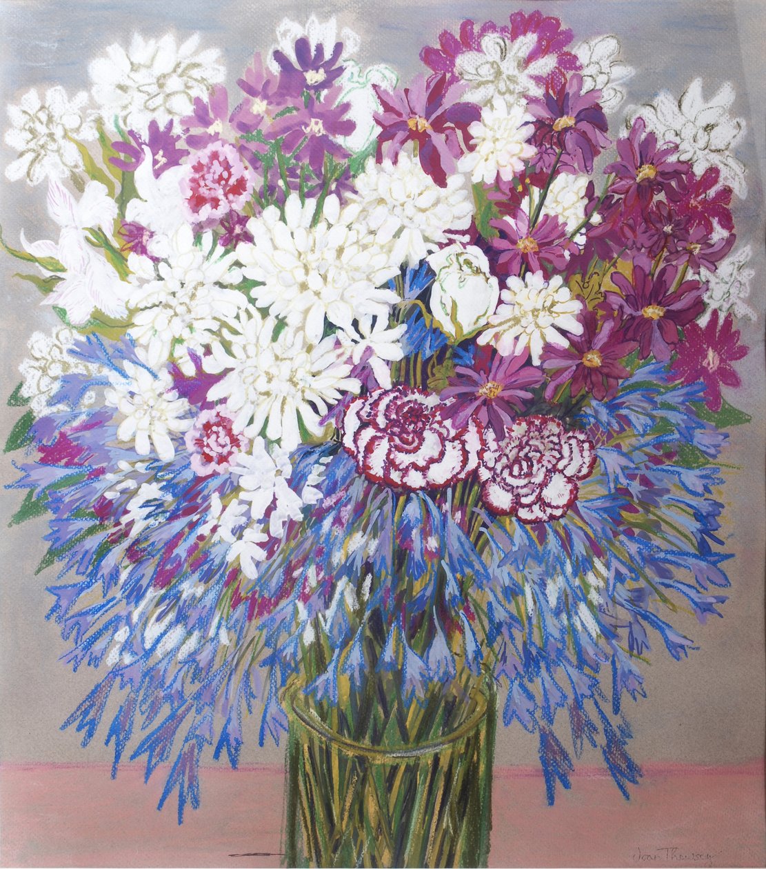 Agapantha,Krysantemum och nejlikor,2012,Gouache av Joan Thewsey