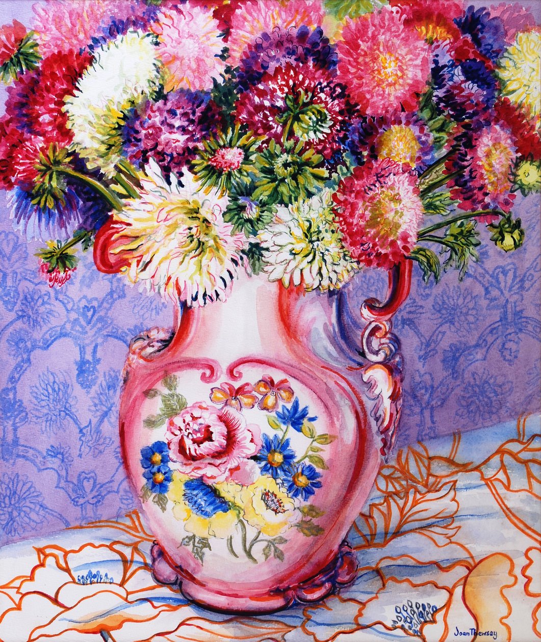 Asters in a Pink Floral Victorian Jug 2002(wc på papper) av Joan Thewsey