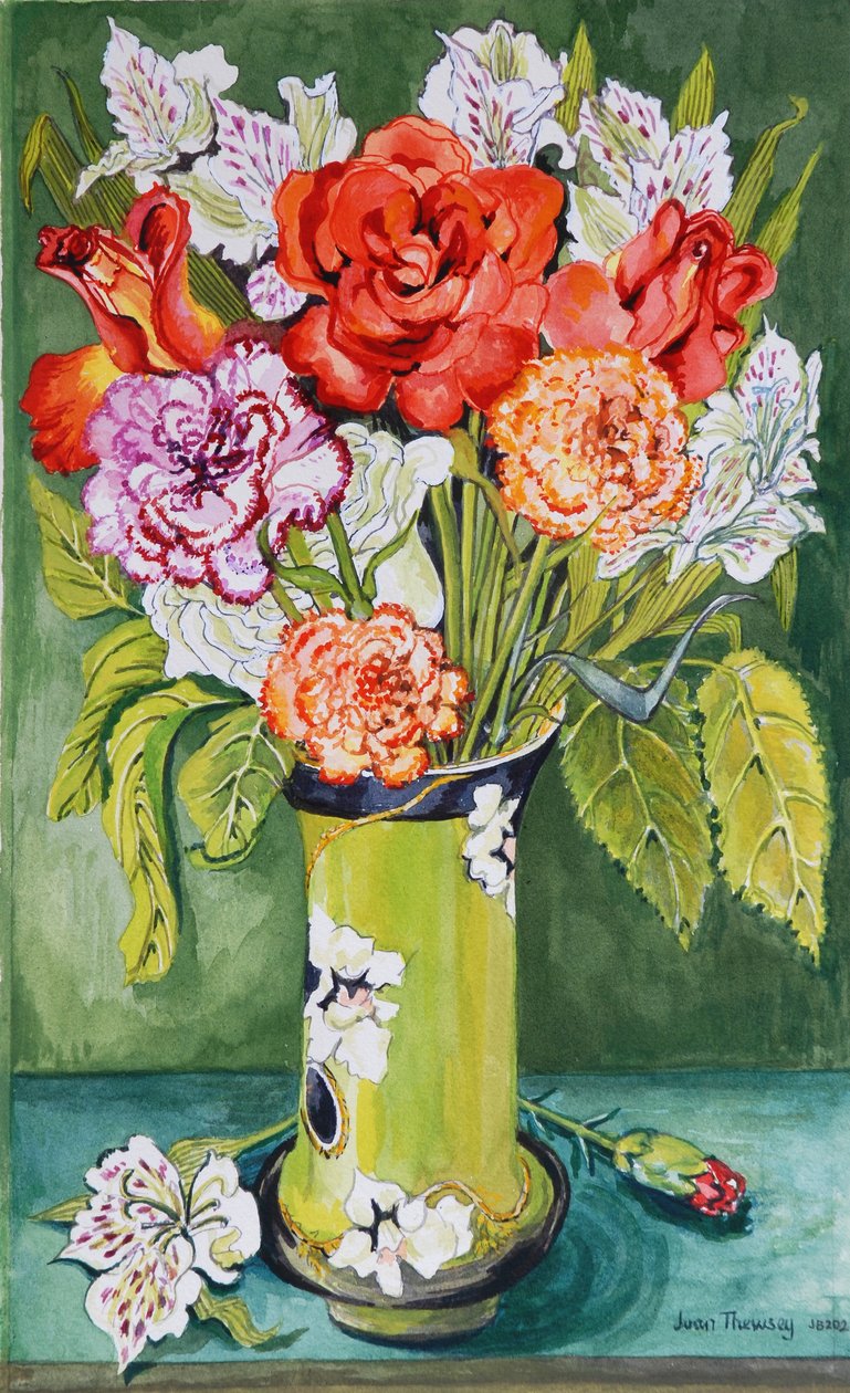 Nejlikor och alstroemeria i en art nouveau-vas 2011 av Joan Thewsey