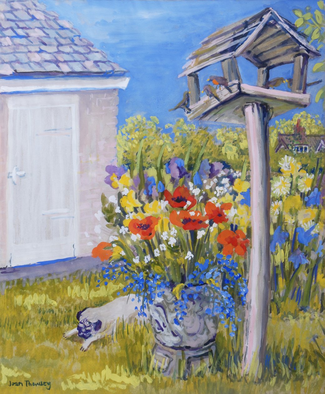 Stugaträdgård med fågelholk och mops, 2011, gouache av Joan Thewsey