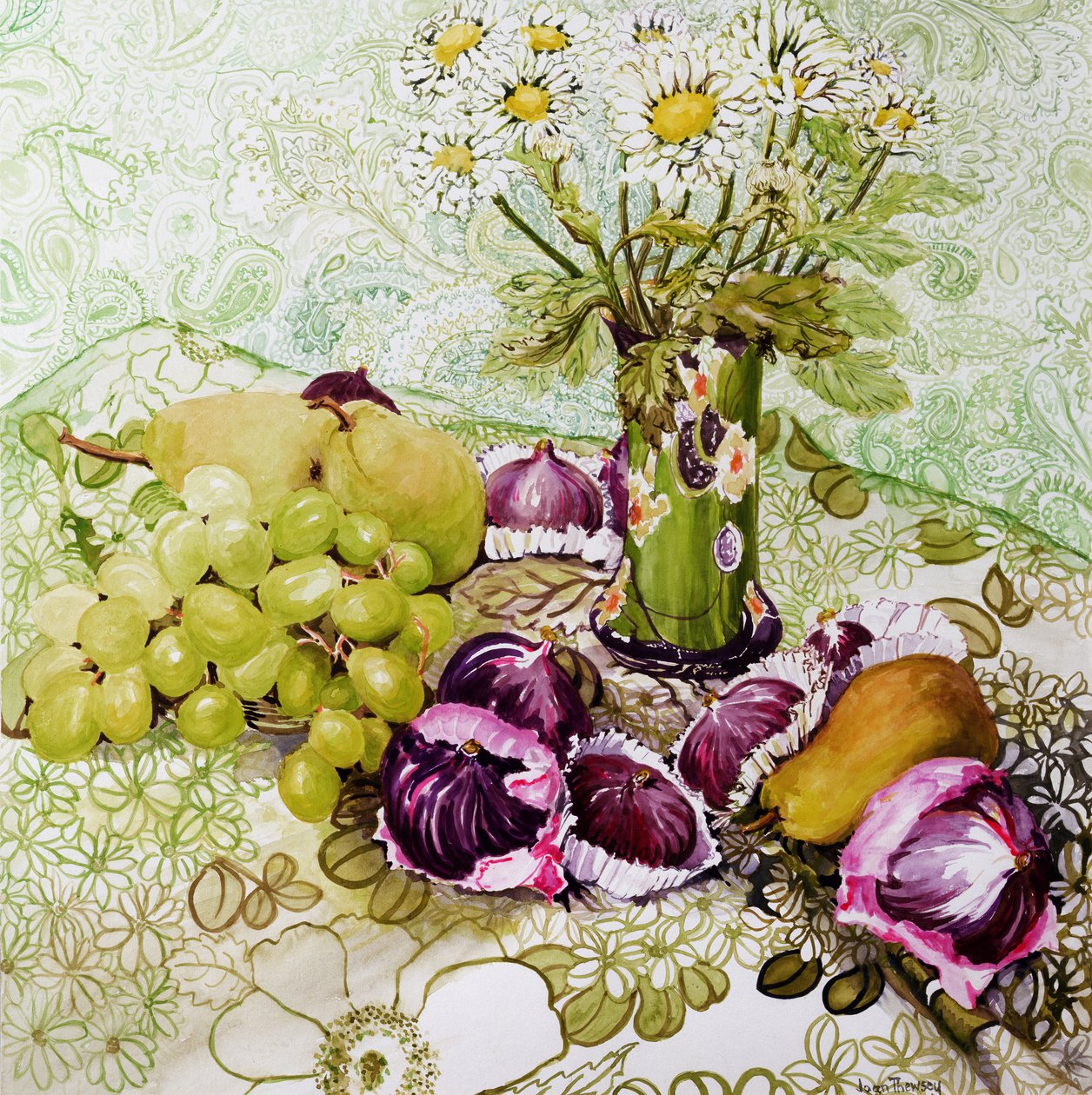 Fikon, vindruvor och päron med margueriter av Joan Thewsey
