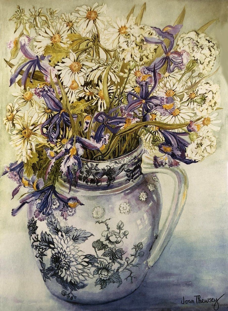 Iris, krysantemum och nejlikor i en Copeland-kanna, av Joan Thewsey