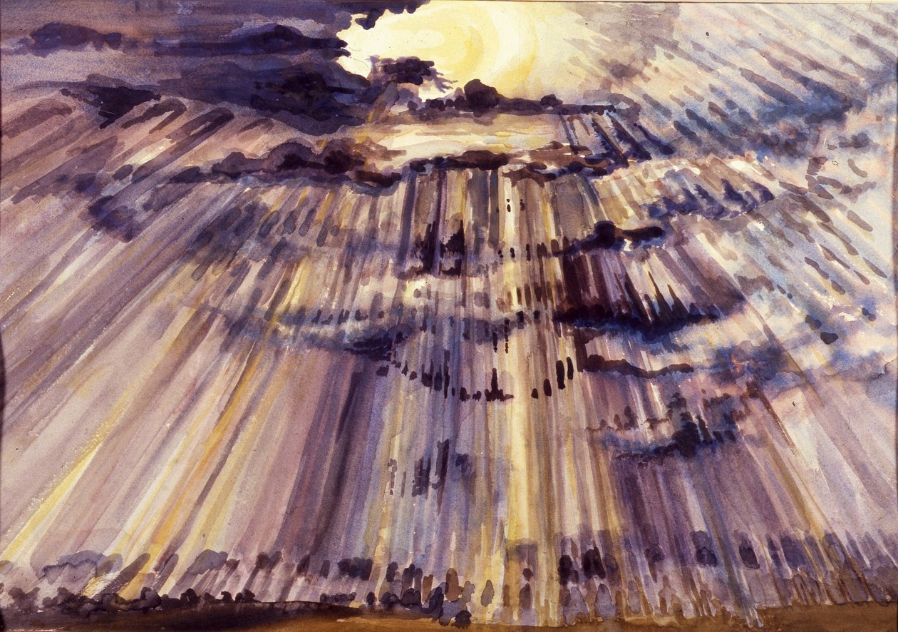 Stor himmel, solsken genom regndroppar, 2012 av Joan Thewsey