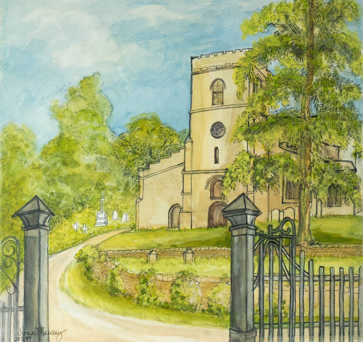 Moulton Church, 2010, blyerts med vattenfärg av Joan Thewsey