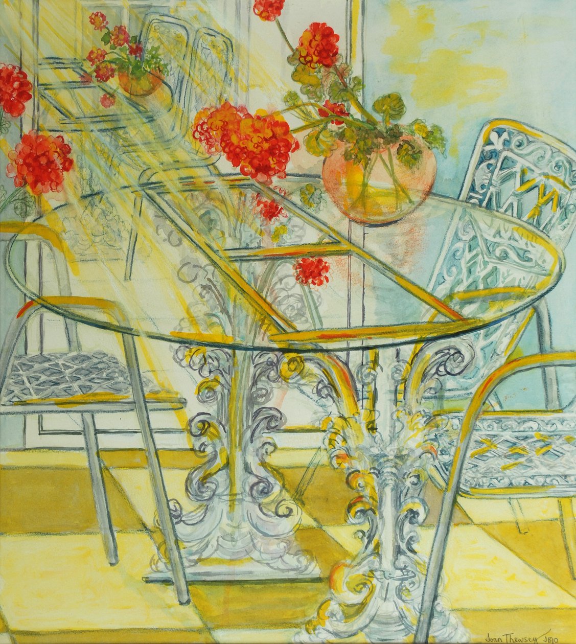 Patio Garden,Geraniums Reflected, 2010, akvarell av Joan Thewsey